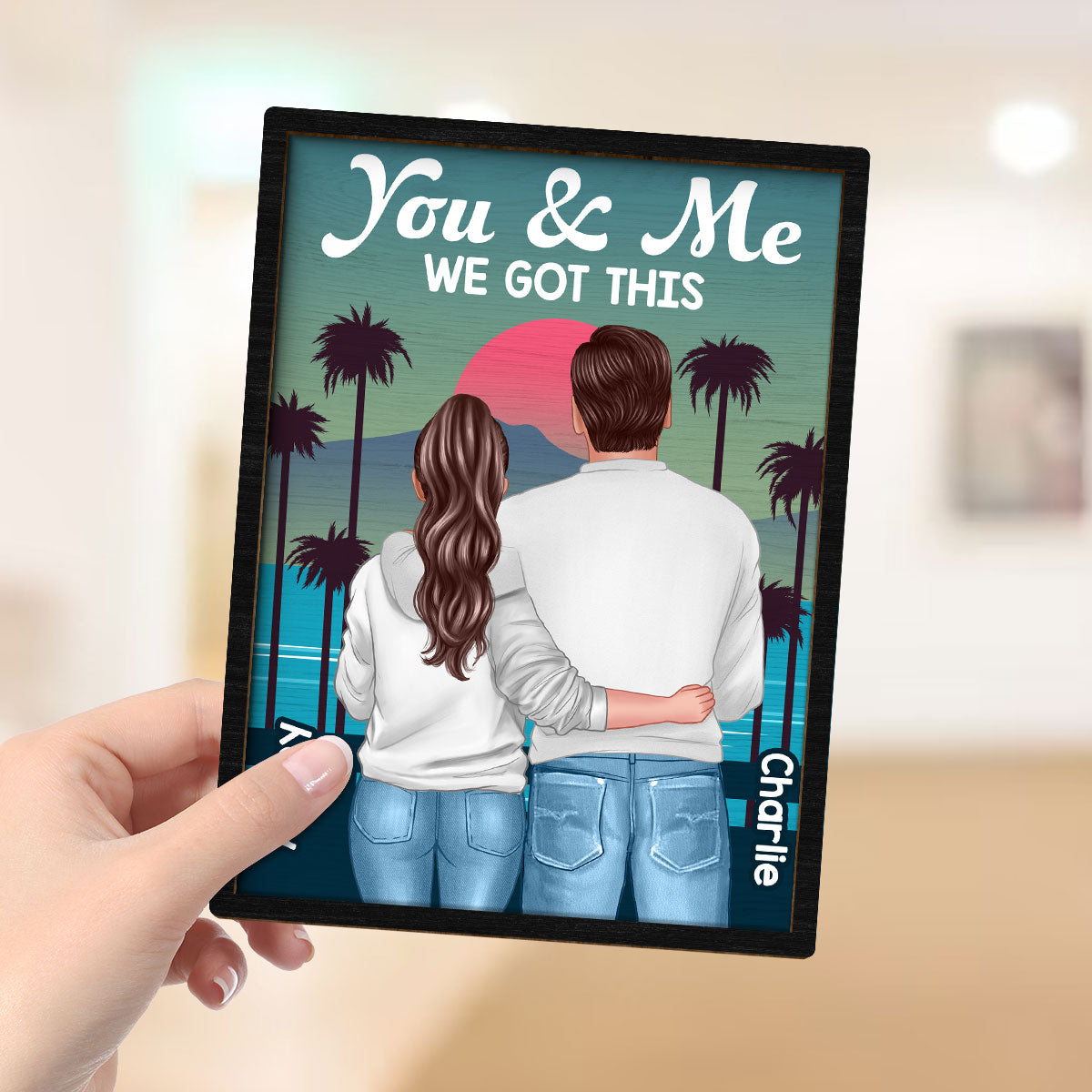 Retro Back View Couple Standing Hugging