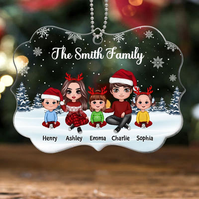 Doll Family Sitting In Snow Personalized Acrylic Ornament