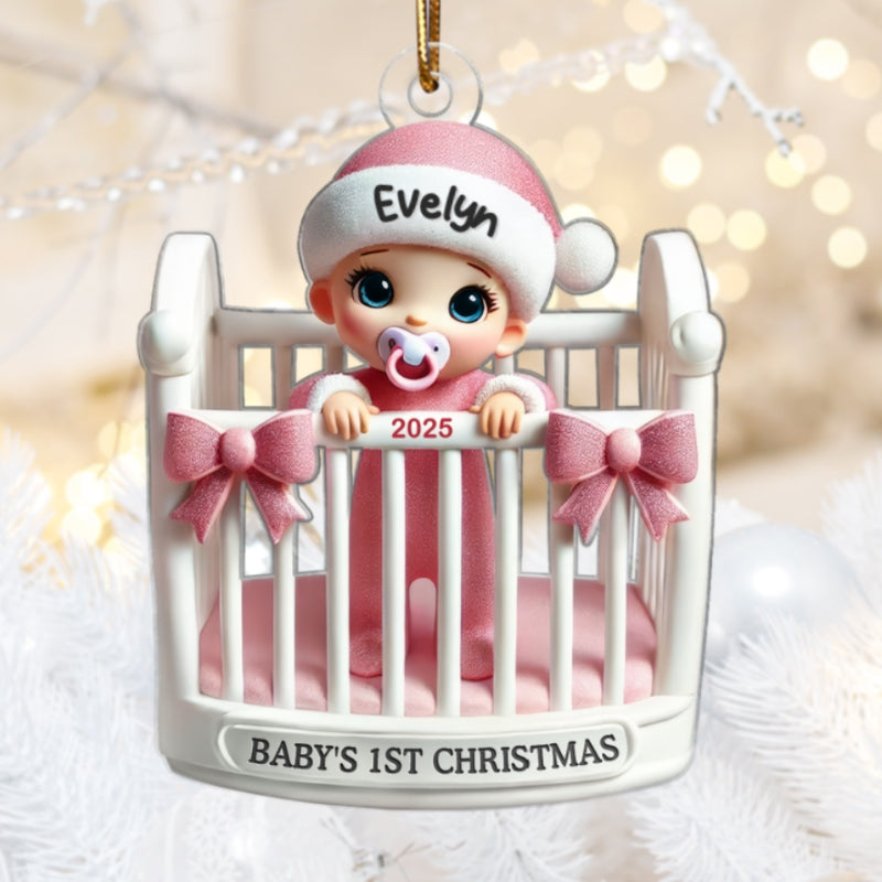 Baby Inside Crib 3D Effect Baby's First Christmas Personalized Acrylic Flat Ornament