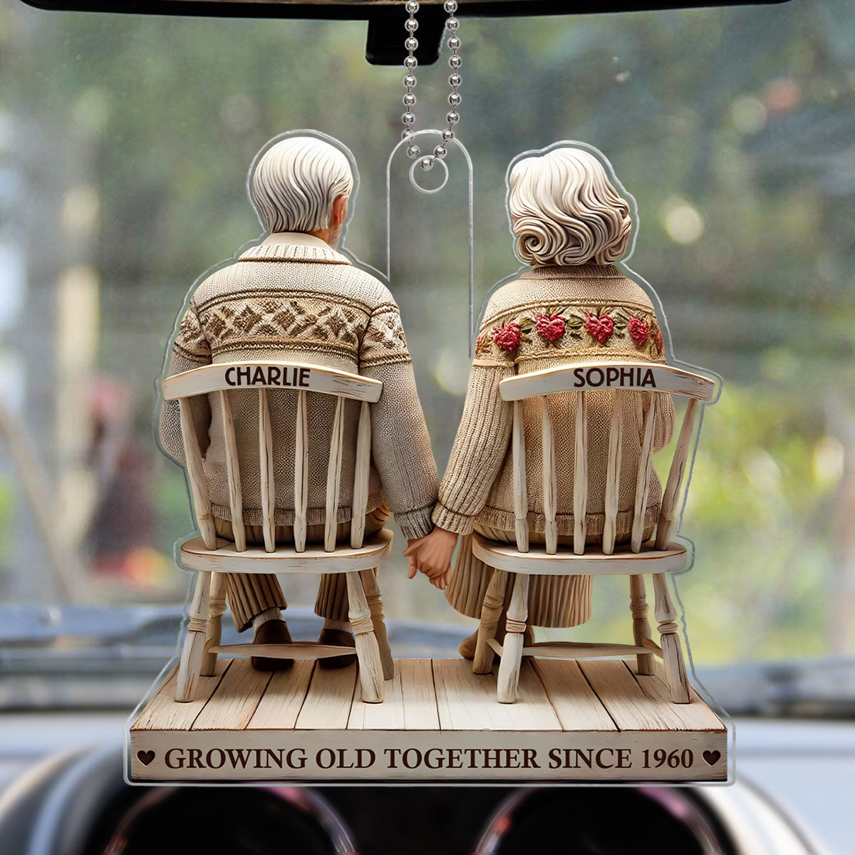 3D Effect Couple Sitting Holding Hands Growing Old Together Personalized Acrylic Car Hanger Ornament, Heartfelt  Gift For Couple, For Him, For Her, Husband, Wife