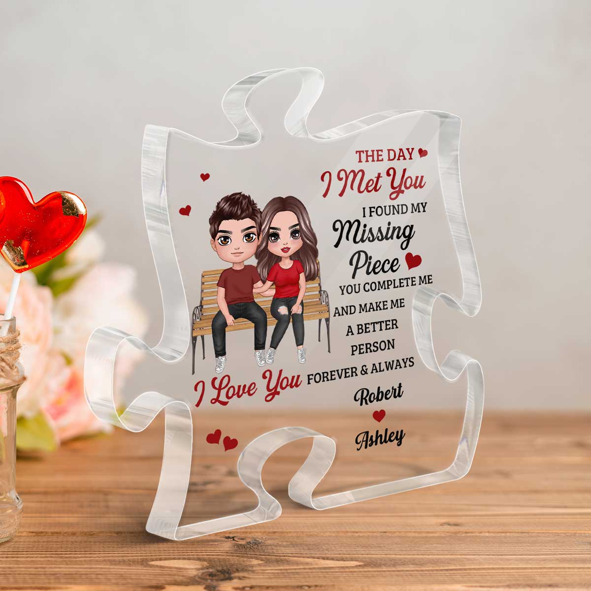 Couple Sitting On Bench Found My Missing Piece Personalized Puzzle Acrylic Plaque - Gift For Him Gift For Her