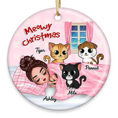 Girl Sleeping With Cats Pinky Christmas Personalized Circle Ornament