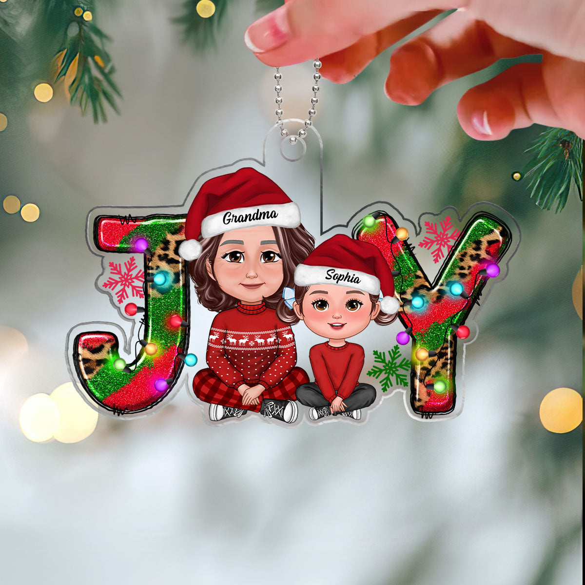 Joy Christmas Grandma Granddaughter Grandson Crossed Legs Personalized Acrylic Ornament