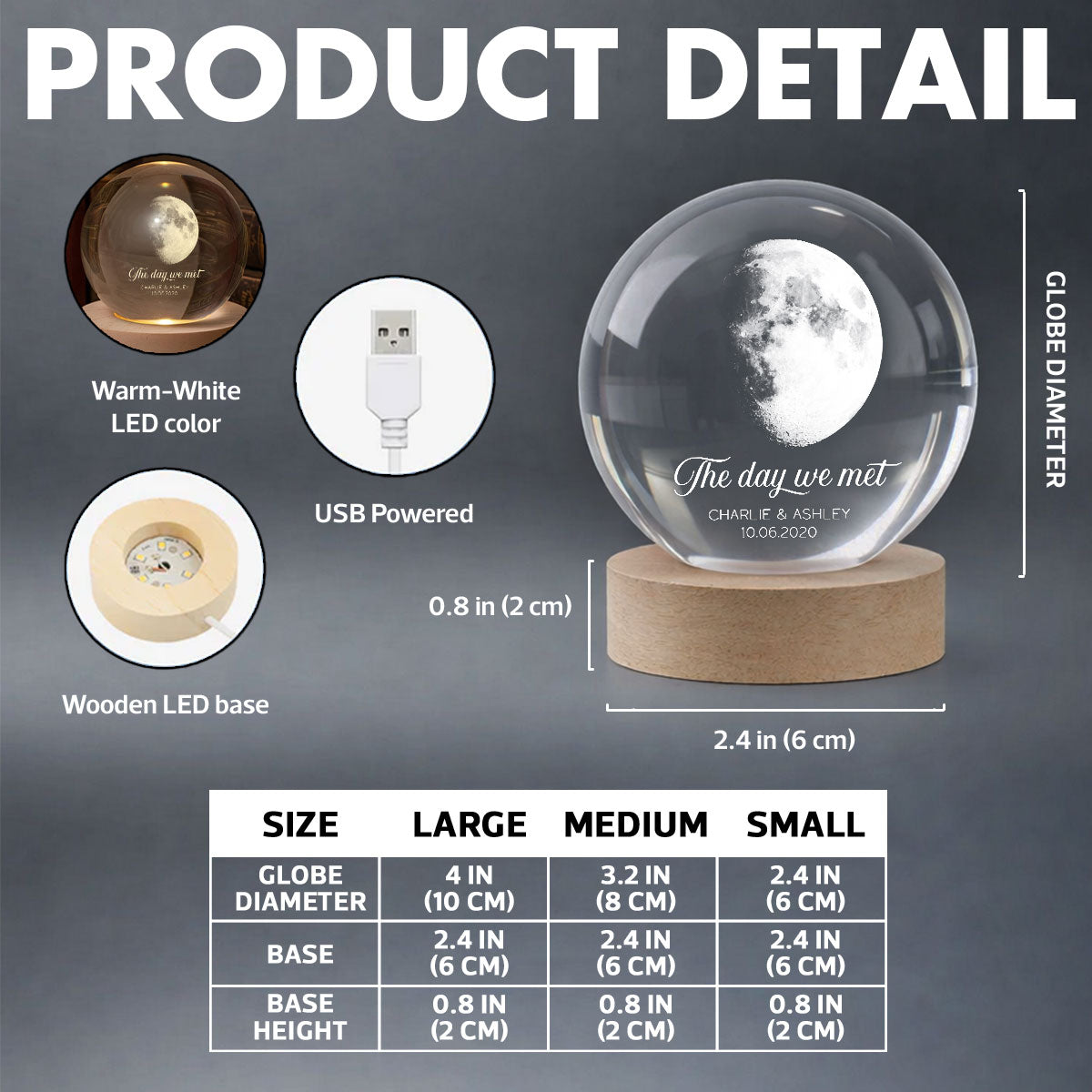 Our Moon Couple Anniversary Date - Personalized Crystal Ball LED Night Light - Sentimental Valentine's Day Gift for Her, for Him