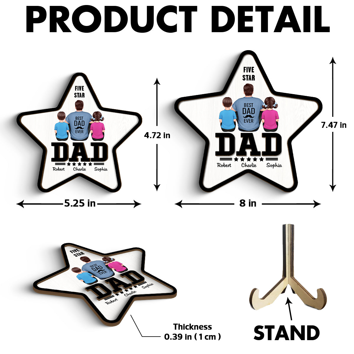 Five - Star Dad Back View Dad And Kids Personalized 2-Layer Wooden Plaque
