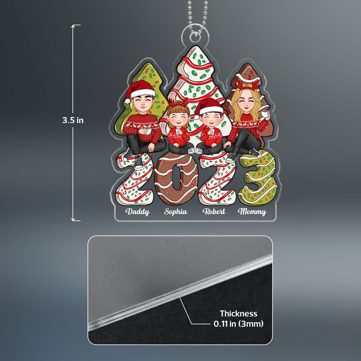 Cute Family Sitting Christmas Tree Cake Patterned Personalized Acrylic Ornament