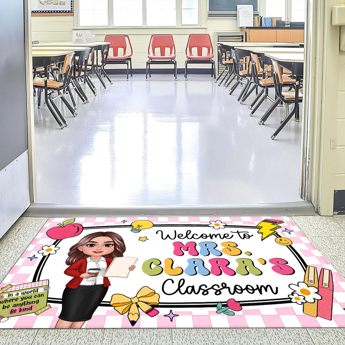 Teacher Checkered Pattern Welcome To Classroom Personalized Doormat| Back To School Gift, Classroom Decoration