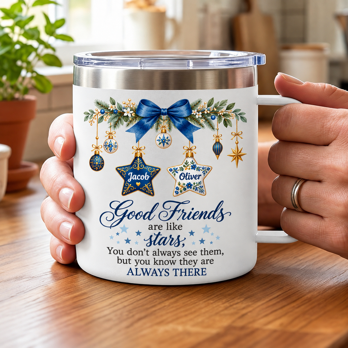 Good Friends Are Like Stars - Personalized Stainless Steel Tumbler With Handle - Christmas Gift for Best Friends