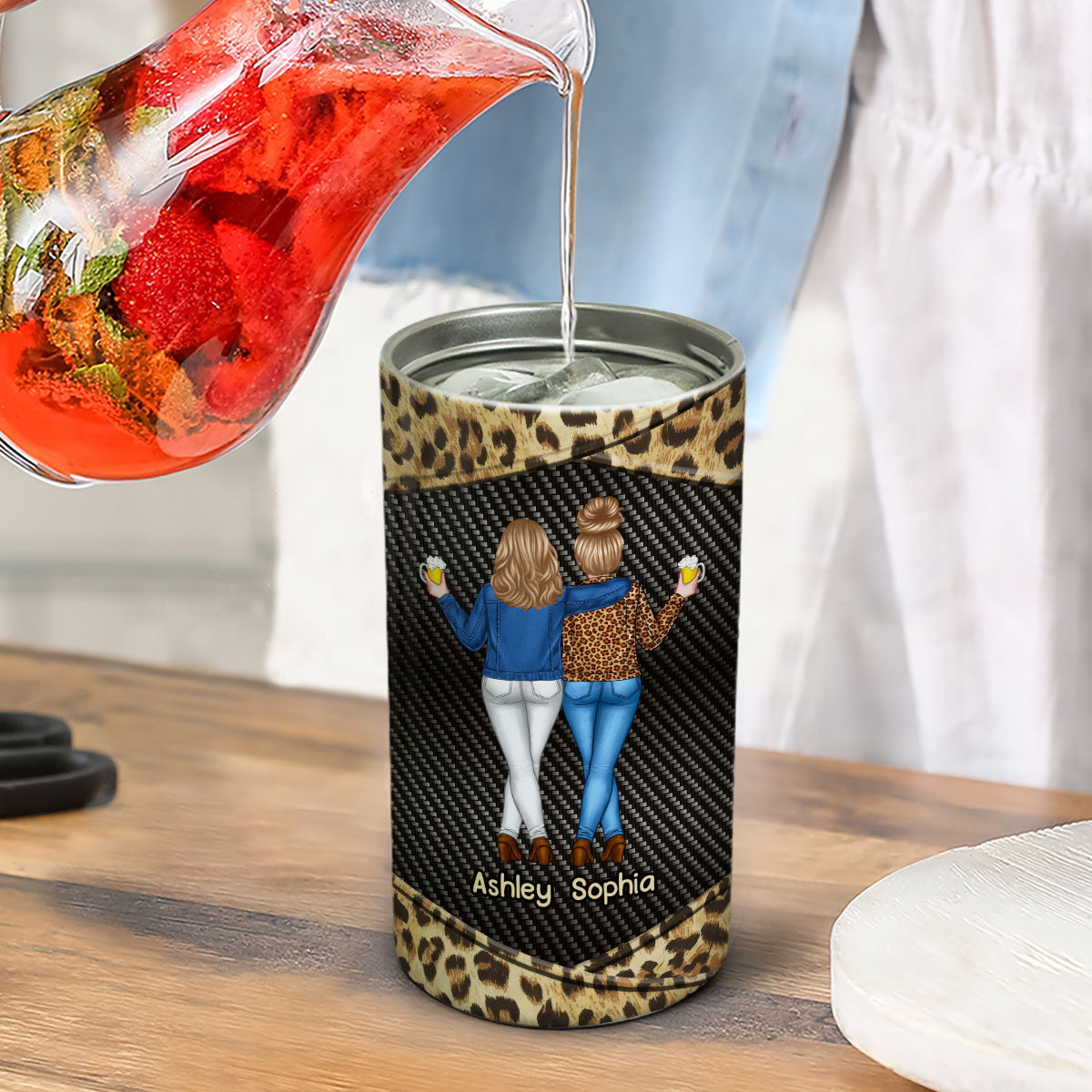 Dark Color Back View Besties Leopard Personalized 4 In 1 Can Cooler