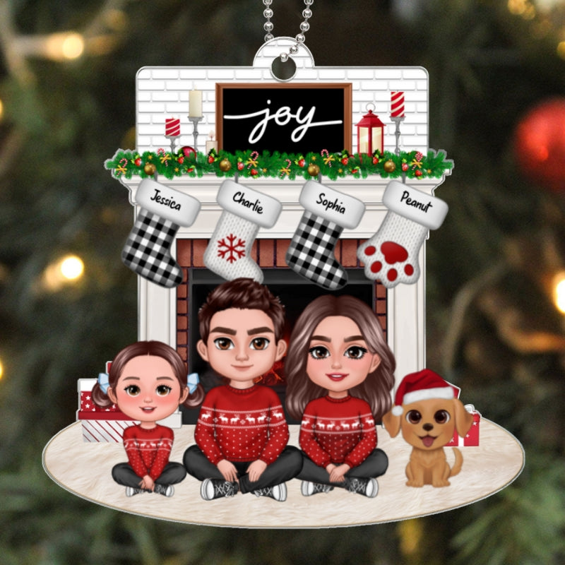 Family Dad Mom Kids Dogs Cats Crossed Legs Sitting At Christmas Fireplace Personalized Acrylic Ornament