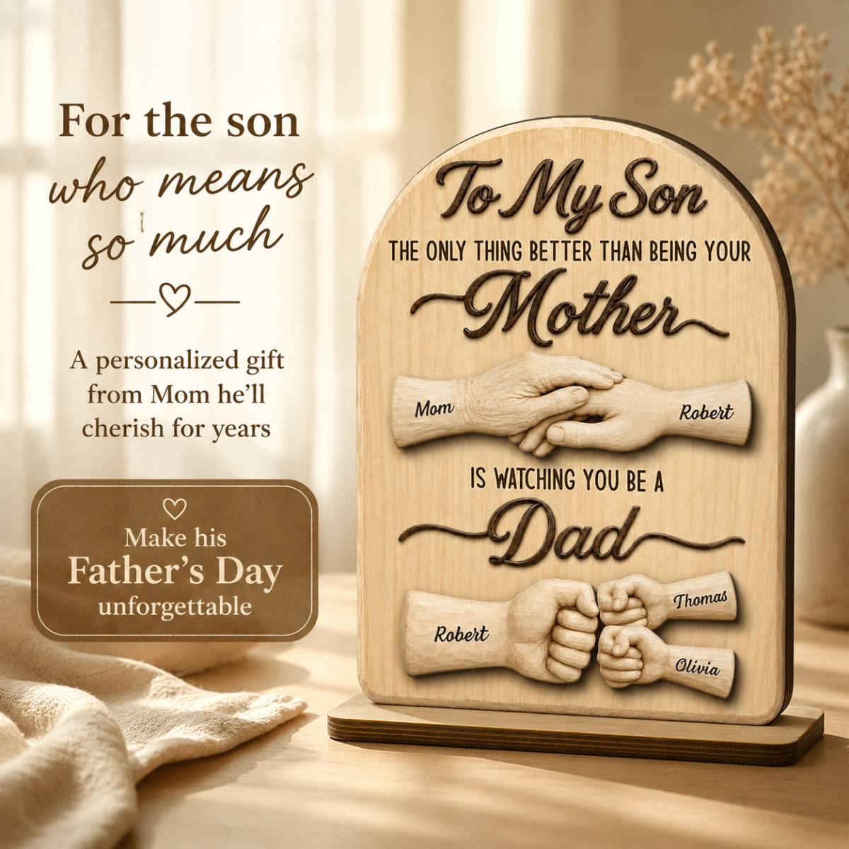 To My Son Watching You Be A Dad From Mom - Personalized 2-Layered Wooden Plaque - Father's Day Gift For Son
