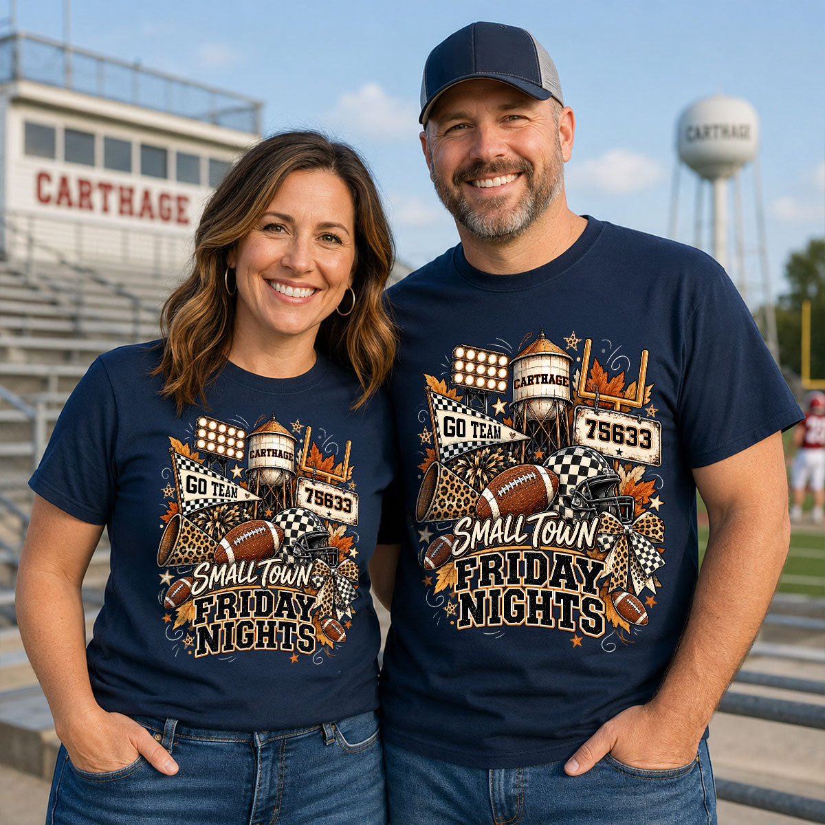 Small Town Friday Nights - Personalized Shirt - Trendy Fall Football Game Day, Custom Town Name, Zip Code