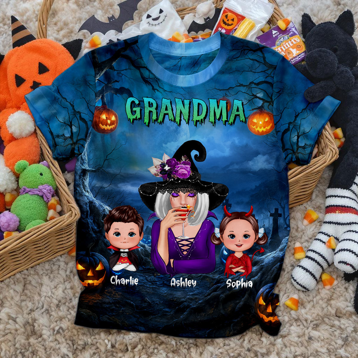 Cool Grandma Witch & Kids In Halloween Night Personalized Shirt, Halloween Costume for Grandma