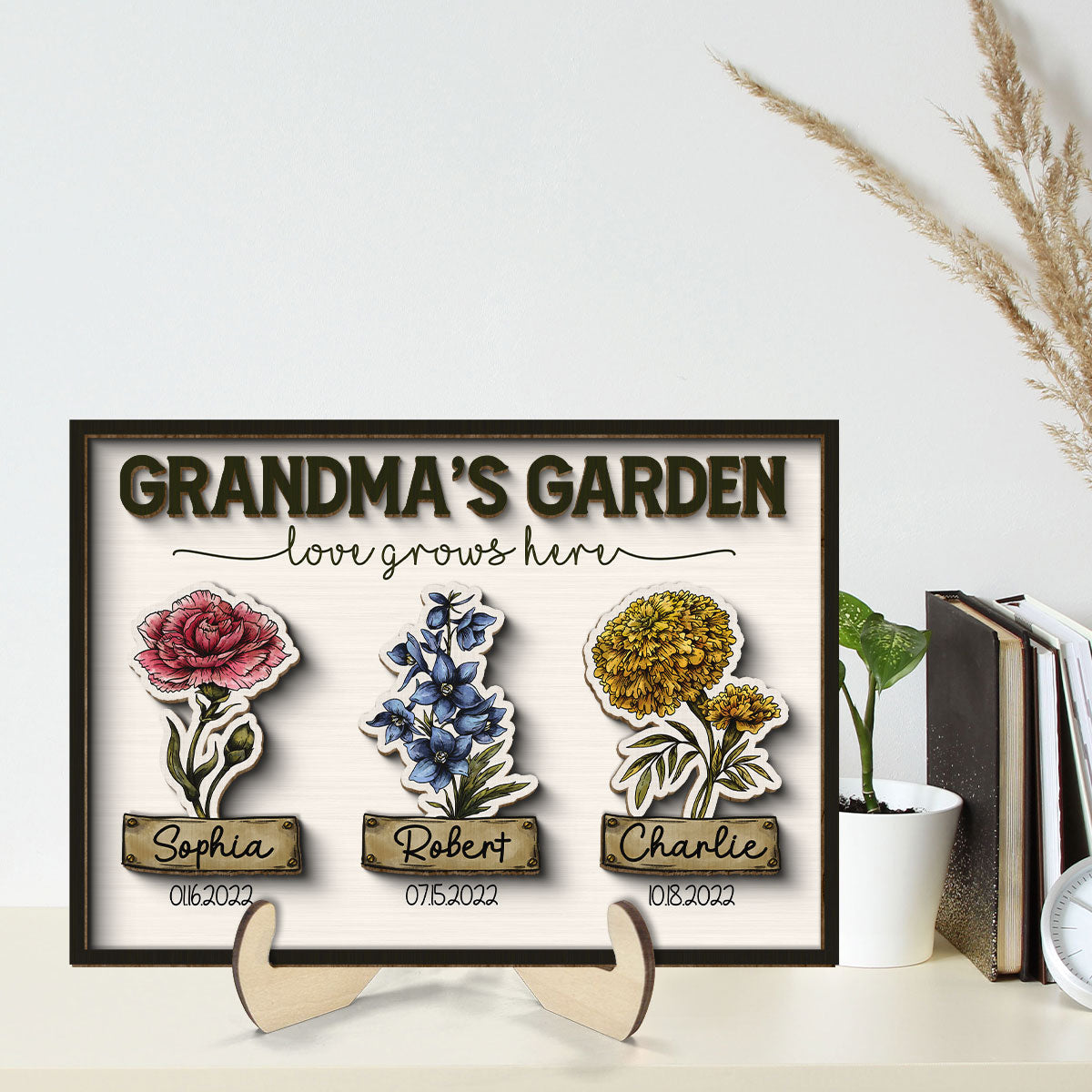 Grandma Garden Love Grows Here Grandkids Birth Flower Name and Birthday Personalized 2-Layer Wooden Plaque