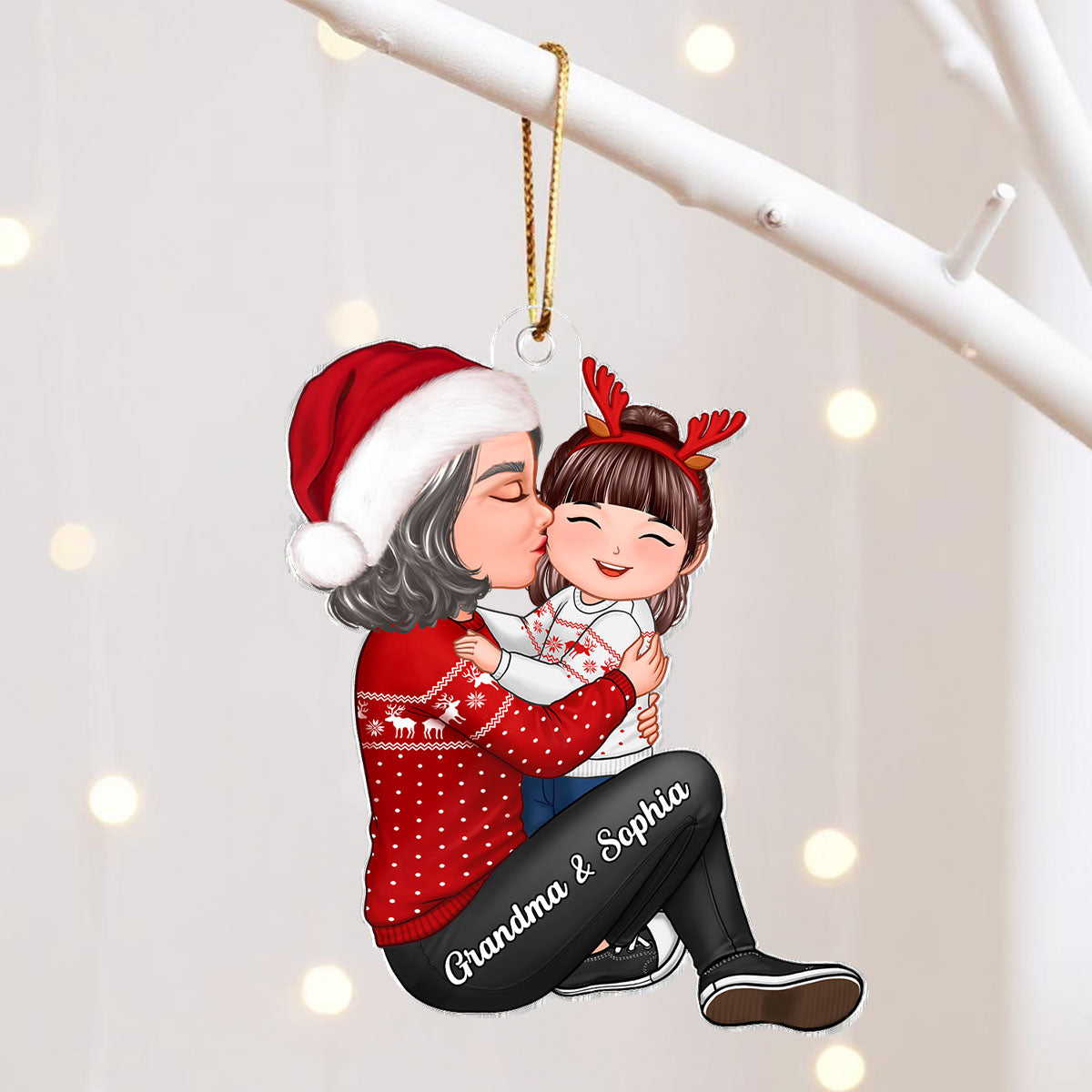 Christmas Grandma Kissing Grandkid - Personalized Acrylic Ornament - Heartwarming Gift For Granddaughter Grandson
