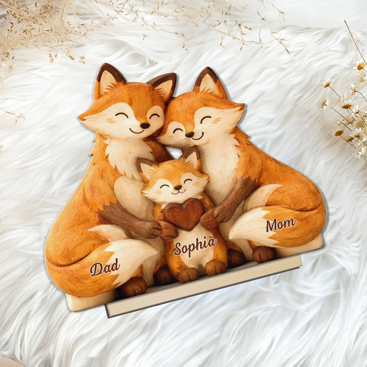 Cozy Fox Family - Personalized 2-Layered Wooden Plaque - Mother's Day Gift For Mom, Woodland Animal Decor
