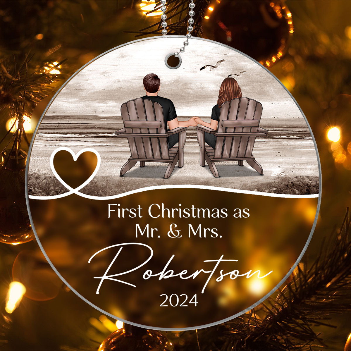 First Christmas Couple Sitting At Beach Personalized Acrylic Ornament for Wedding, Christmas Gift, Wedding Keepsake Gifts