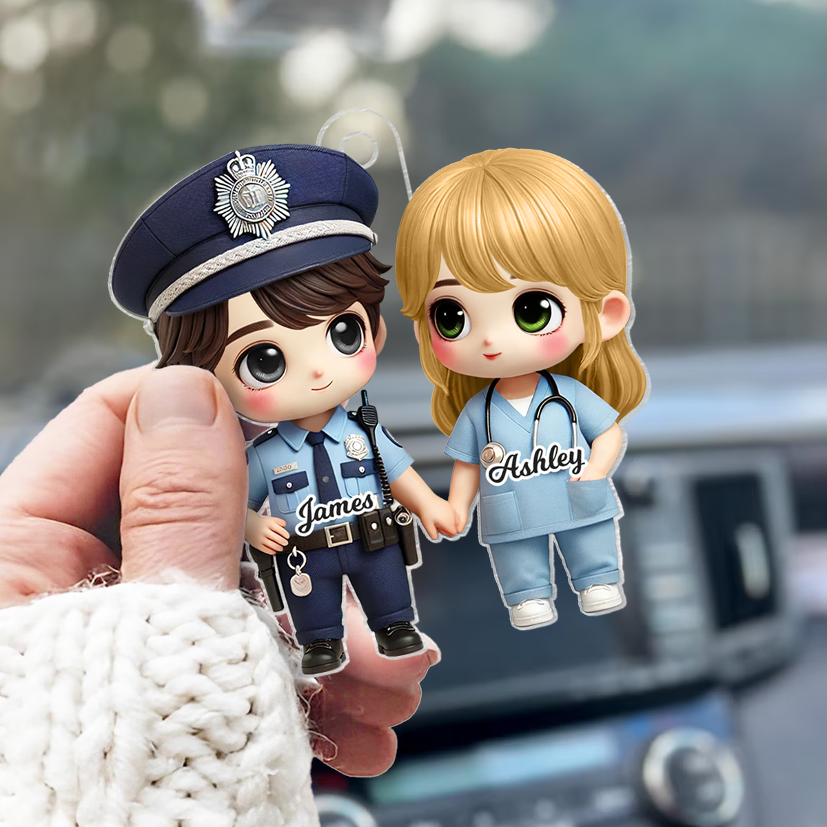 3D Effect Cute Cartoon Couple Gift by Occupation Gift For Her Gift For Him Personalized Acrylic Car Hanger, Anniversary Gift For Couple