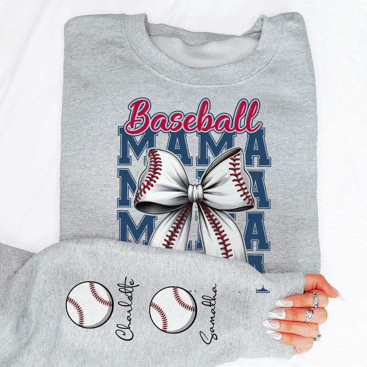 Retro Baseball Mom Coquette Bow Personalized Sleeve Printed Sweatshirt, Proud Baseball Mom Game Day Shirt, Gift For Baseball Mom