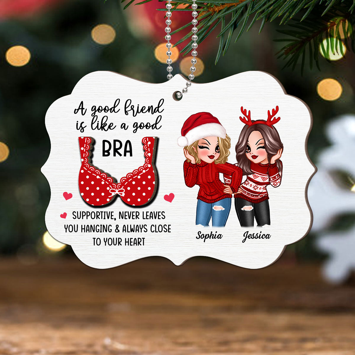 Sassy Besties A Good Friend Is Like A Good Bra Personalized 2-Layer Wooden Ornament
