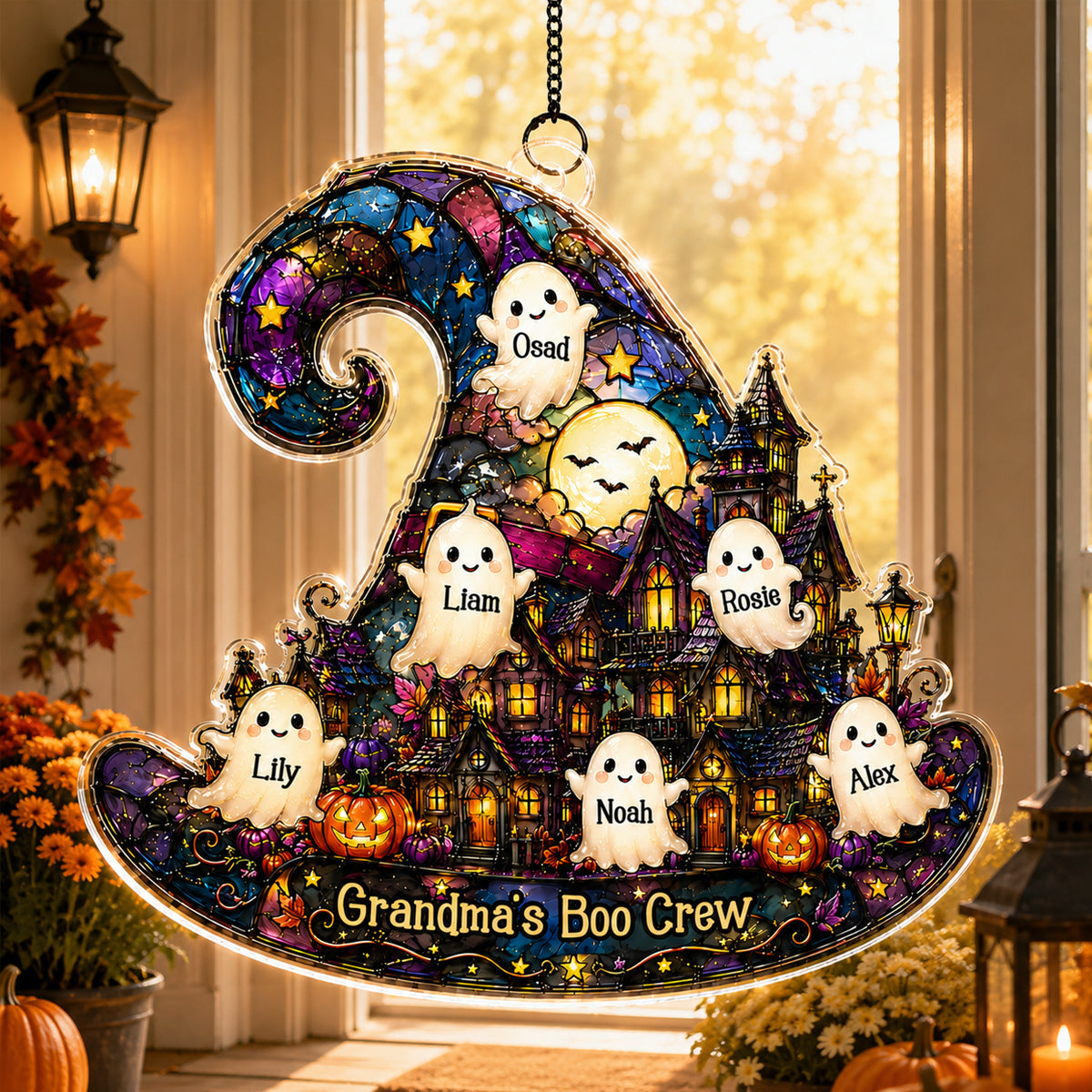Halloween Village Witch Hat Grandma - Personalized Suncatcher - Halloween Decor Gift, Gift For Grandma