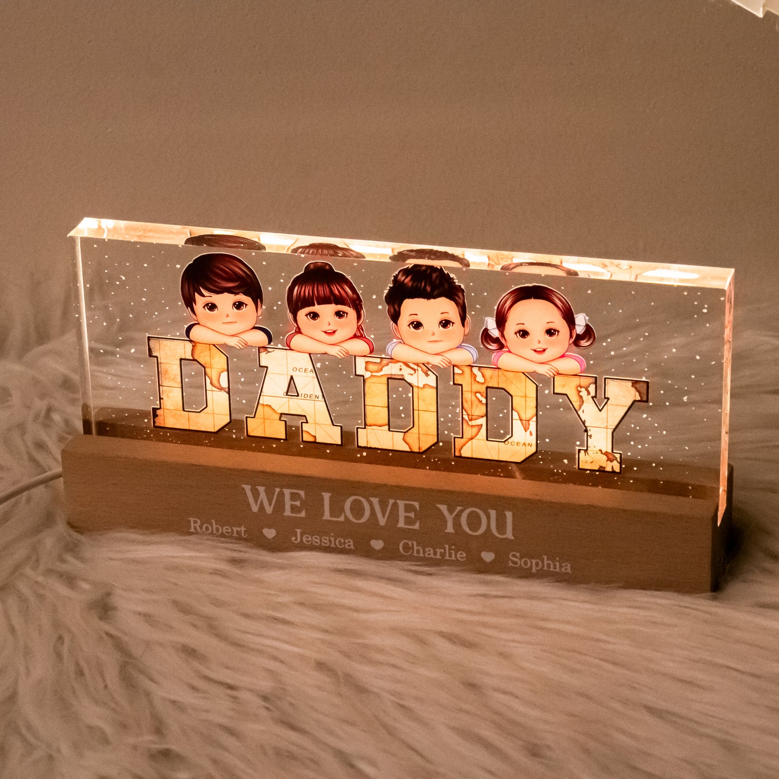 Vintage Map Dad Grandpa Title Kids Laying On Personalized Acrylic LED Night Light