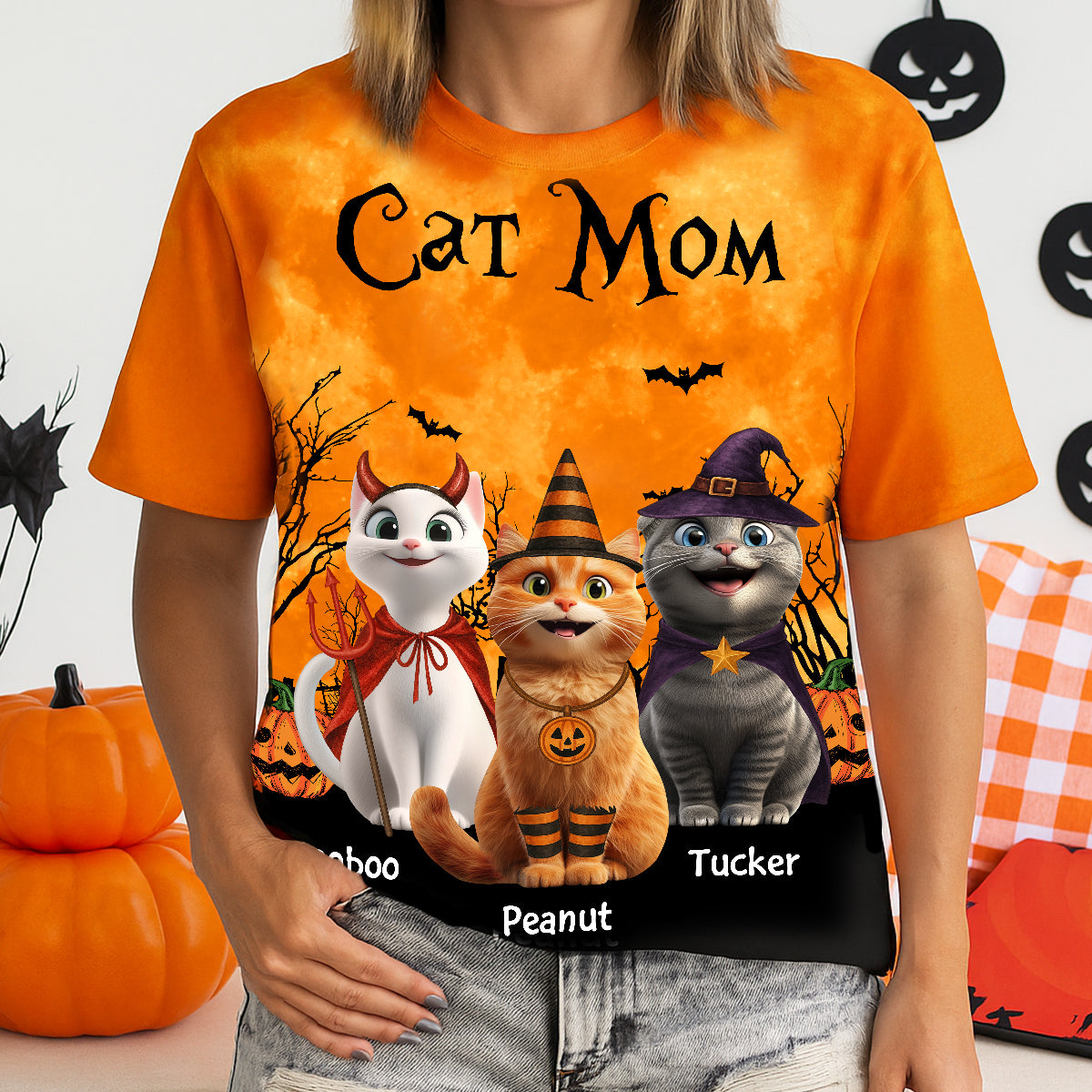 Cat Mom Halloween Moon Light Bat Tree Cartoon Cat Personalized Shirt, Purrfect Costume for Cat Lover