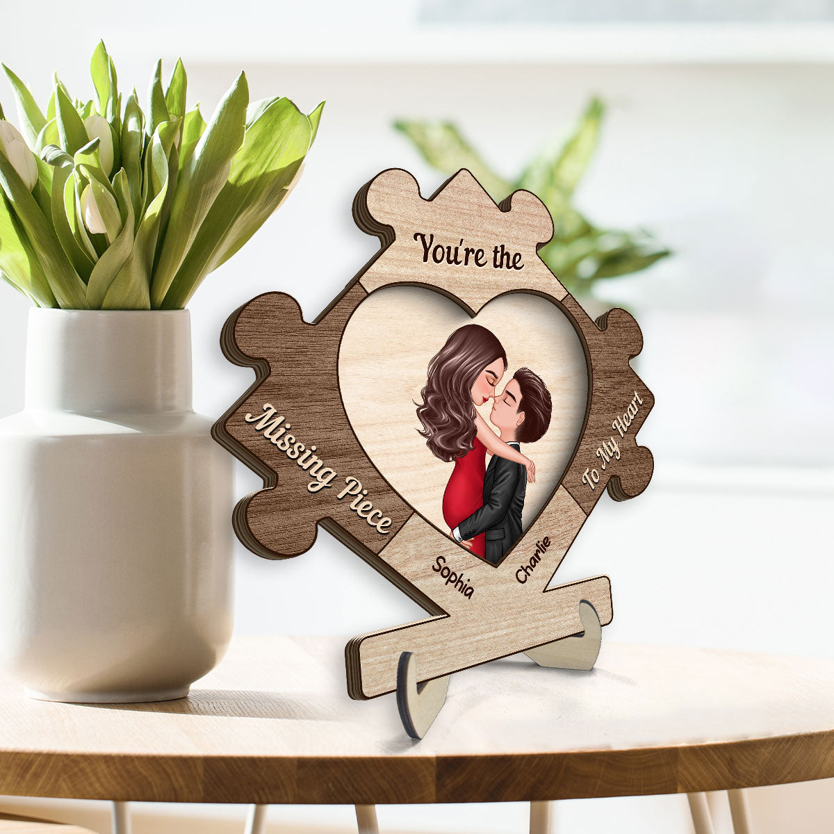 Couple Kissing In Puzzle Piece Personalized 2-layer Wooden Plaque,  Gift For Him, For Her