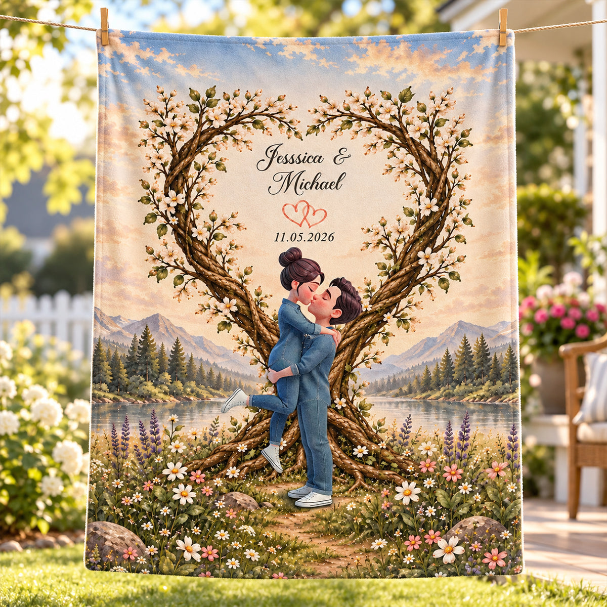 Couple Kissing Under Heart Tree - Personalized Fleece Blanket - Heartfelt Anniversary Christmas Gift for Her, for Him