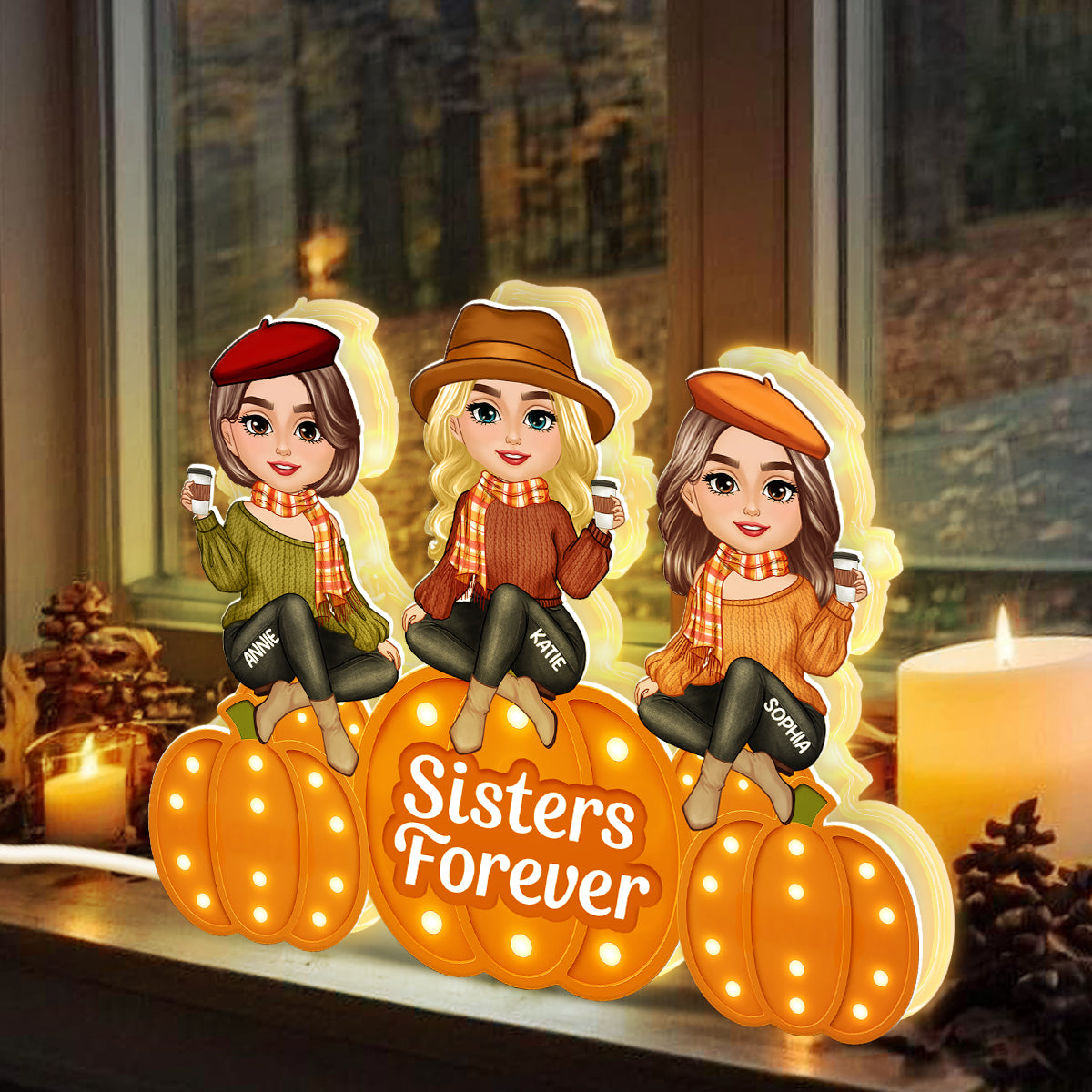 Fall Season Sisters On Marquee Pattern Texture Pumpkins Personalized LED Light Box