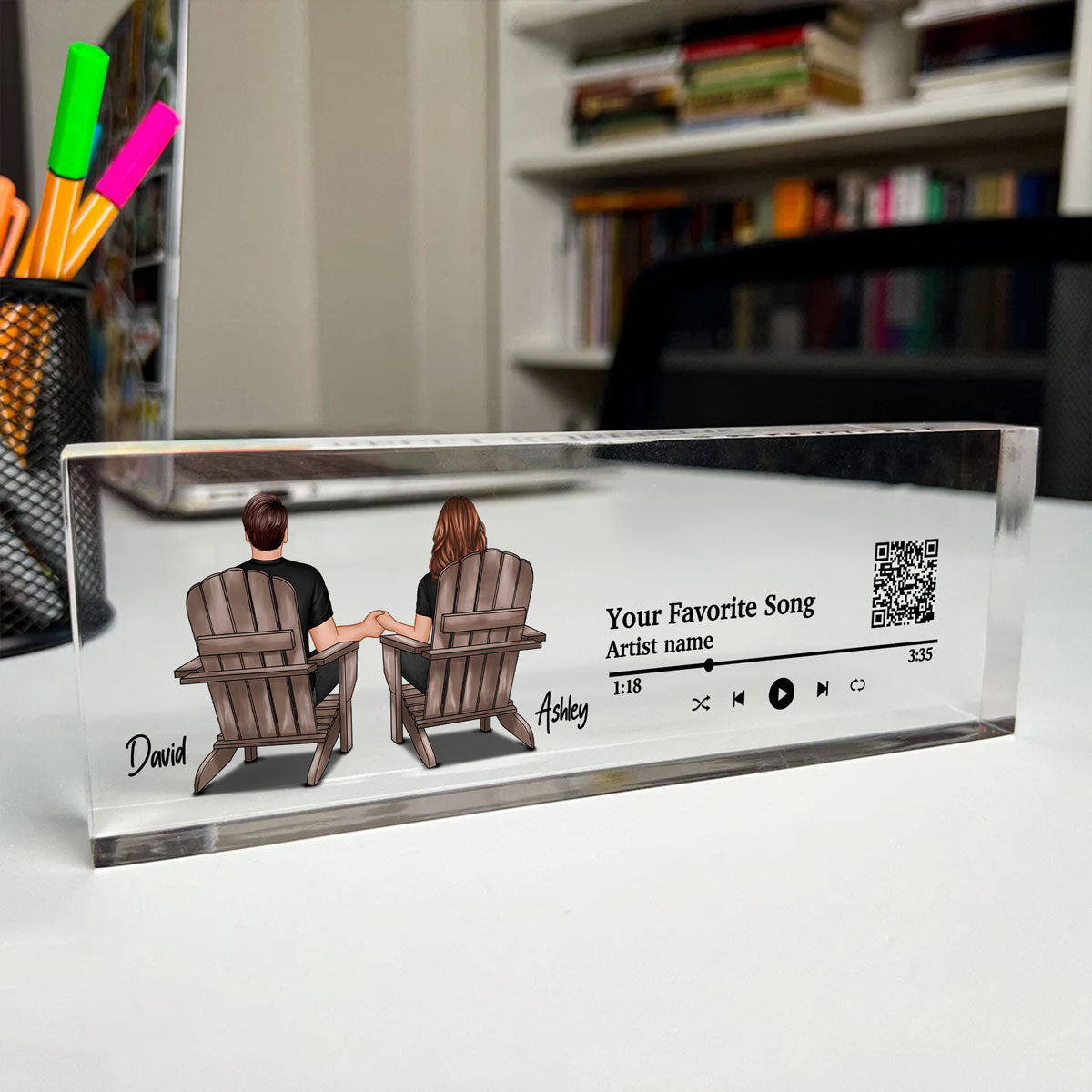 Couple Back View At Beach Favorite Song QR Code Personalized Acrylic Desk Block Plaque