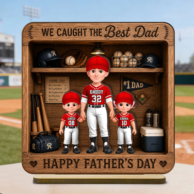 Baseball Dad & Kids Locker Room - Personalized 2-Layered Wooden Plaque - Father's Day Gift For Dad, Husband