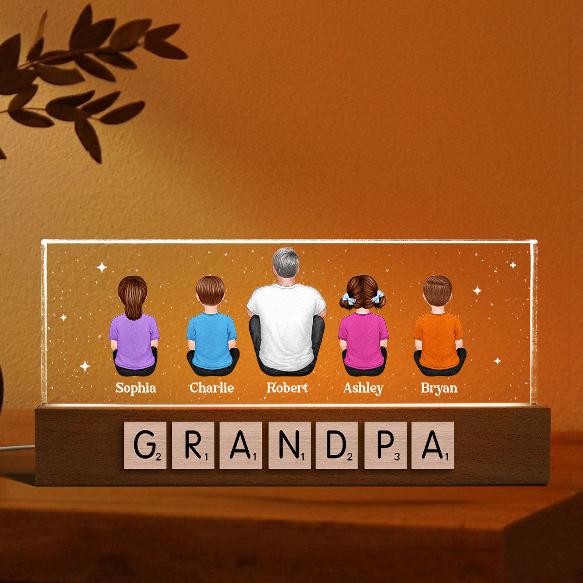 Daddy Grandpa Letters Wood Texture Sitting Back View Personalized Acrylic LED Night Light