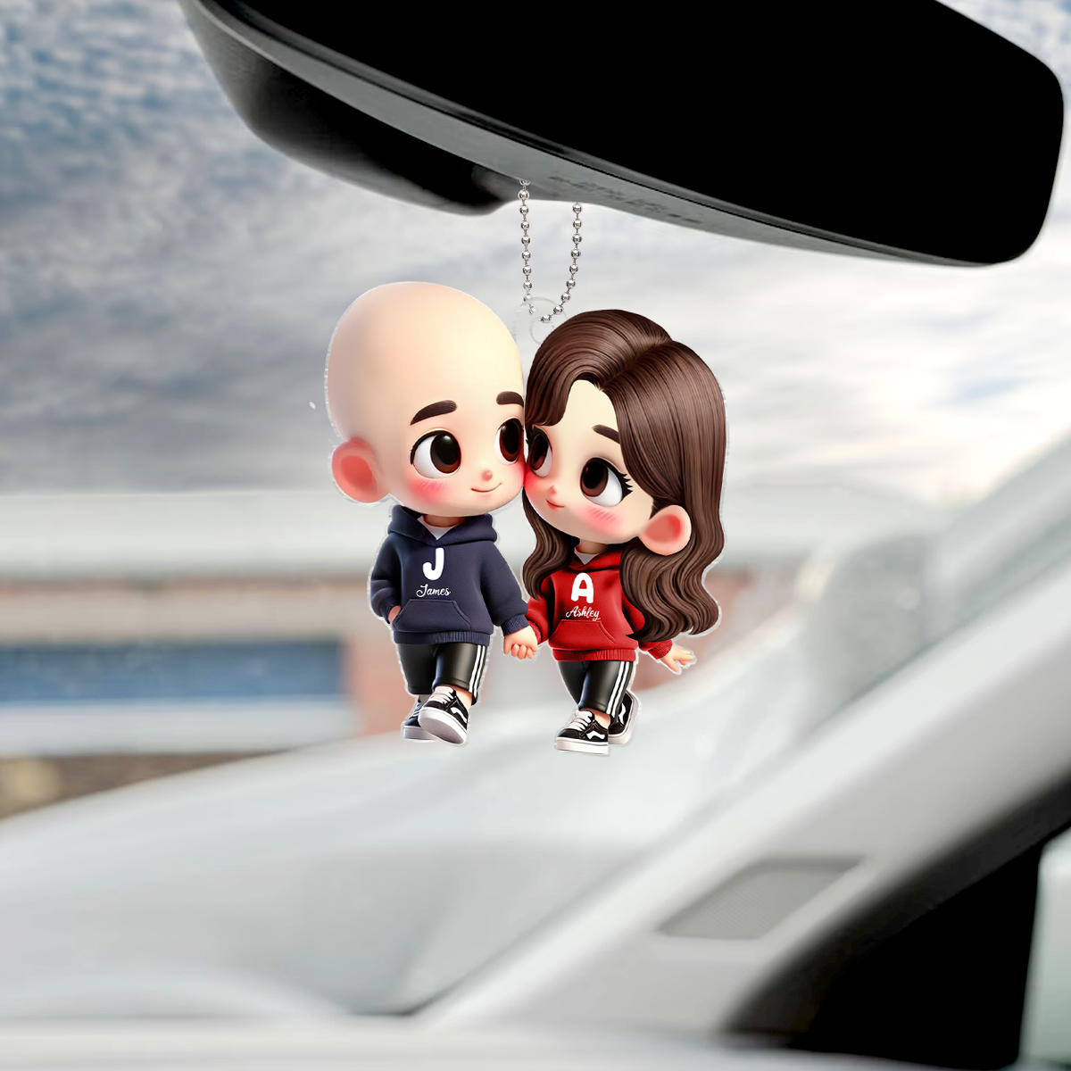 3D Effect Cute Cartoon Couple Holding Hands - Personalized Acrylic Car Hanger - Unique Valentine's Day Gift For Him, Gift For Her