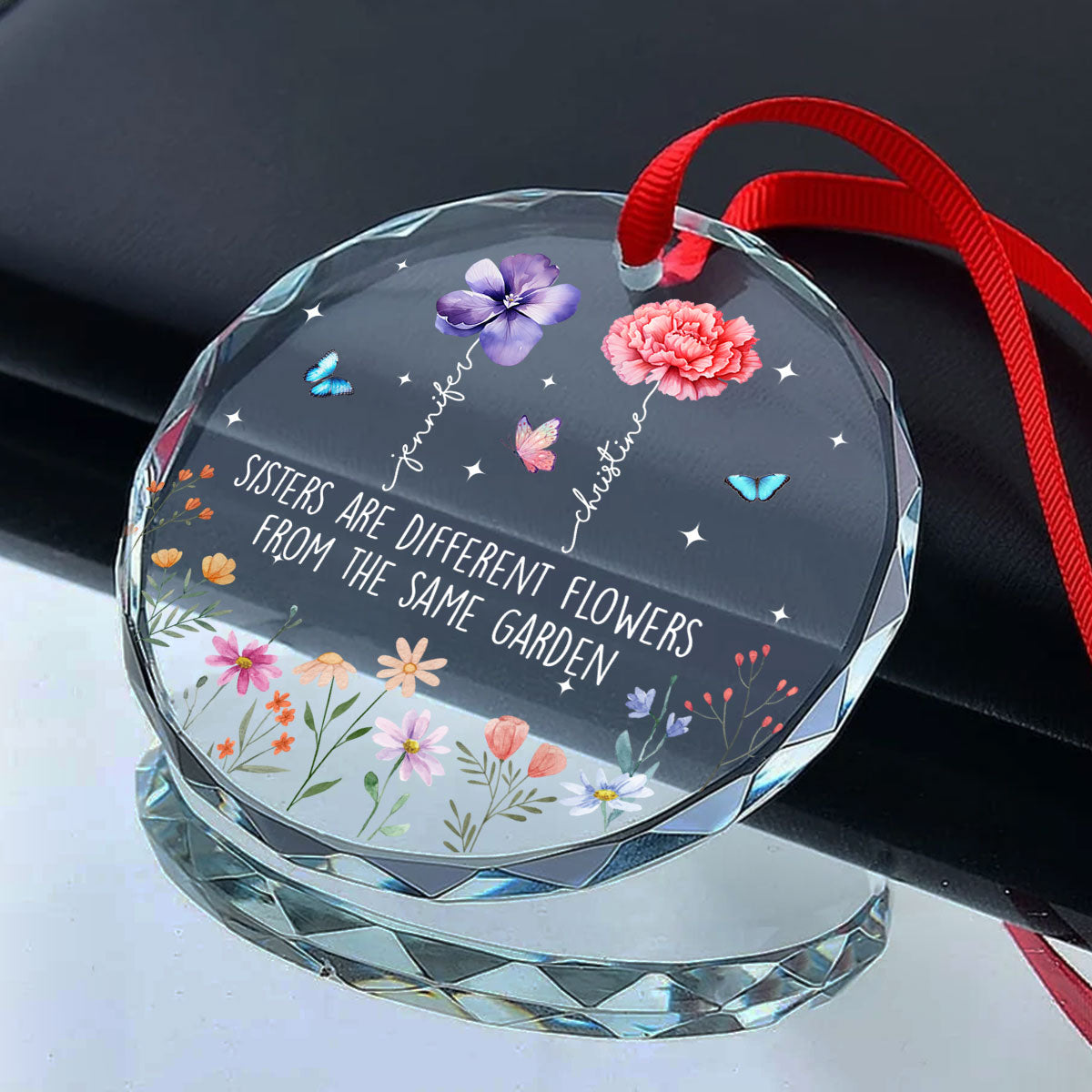 Sisters Are Different Flowers From The Same Garden Personalized Glass Ornament, Christmas Gift For Sisters