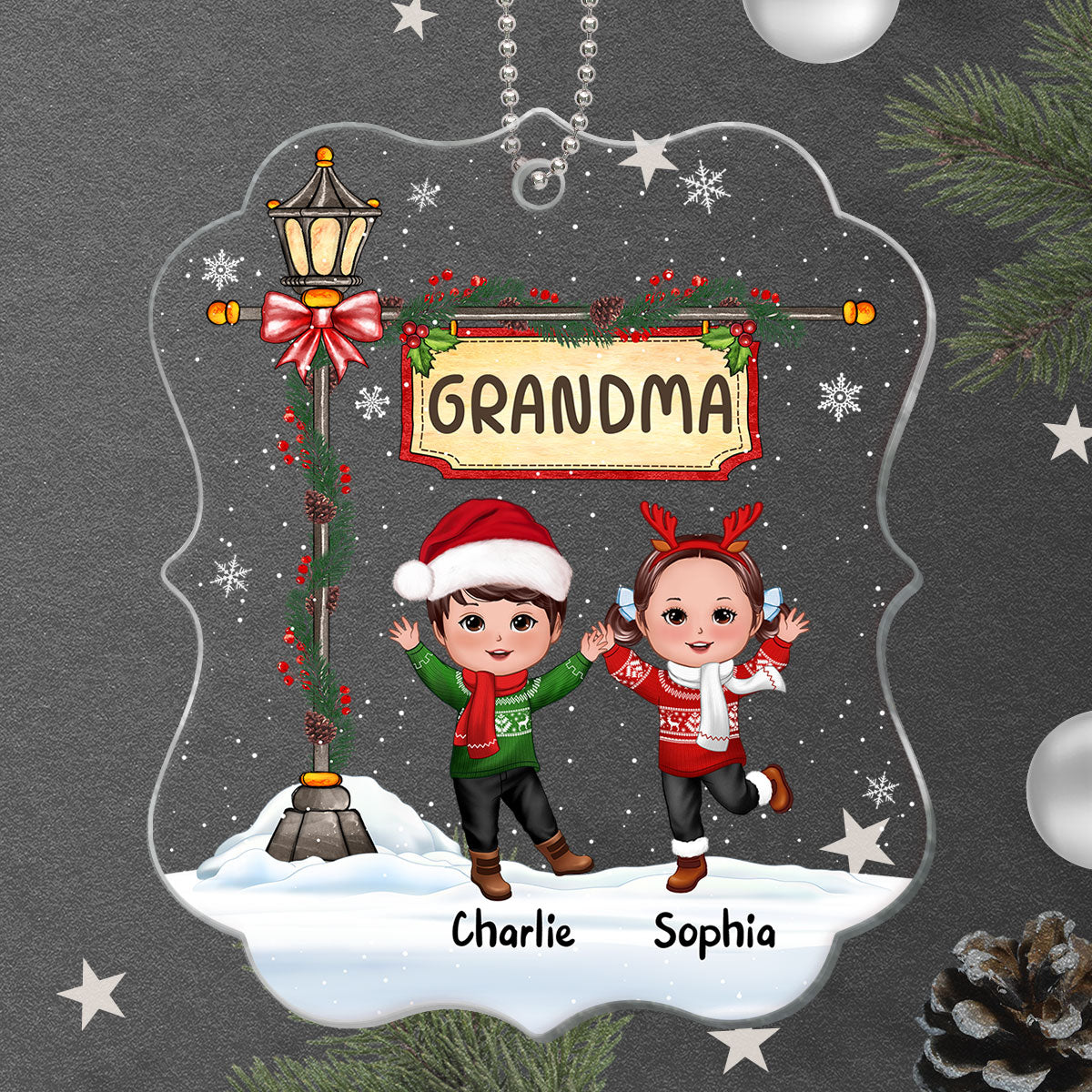 Christmas Happy Doll Kids Under Lamp Post Personalized Acrylic Ornament