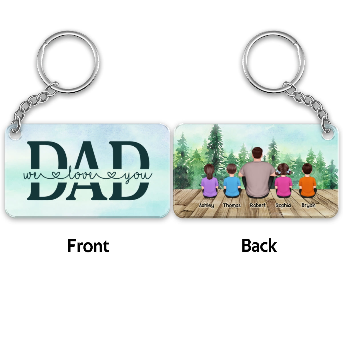Dad And Kids Back View Sitting Forest Personalized Acrylic Keychain