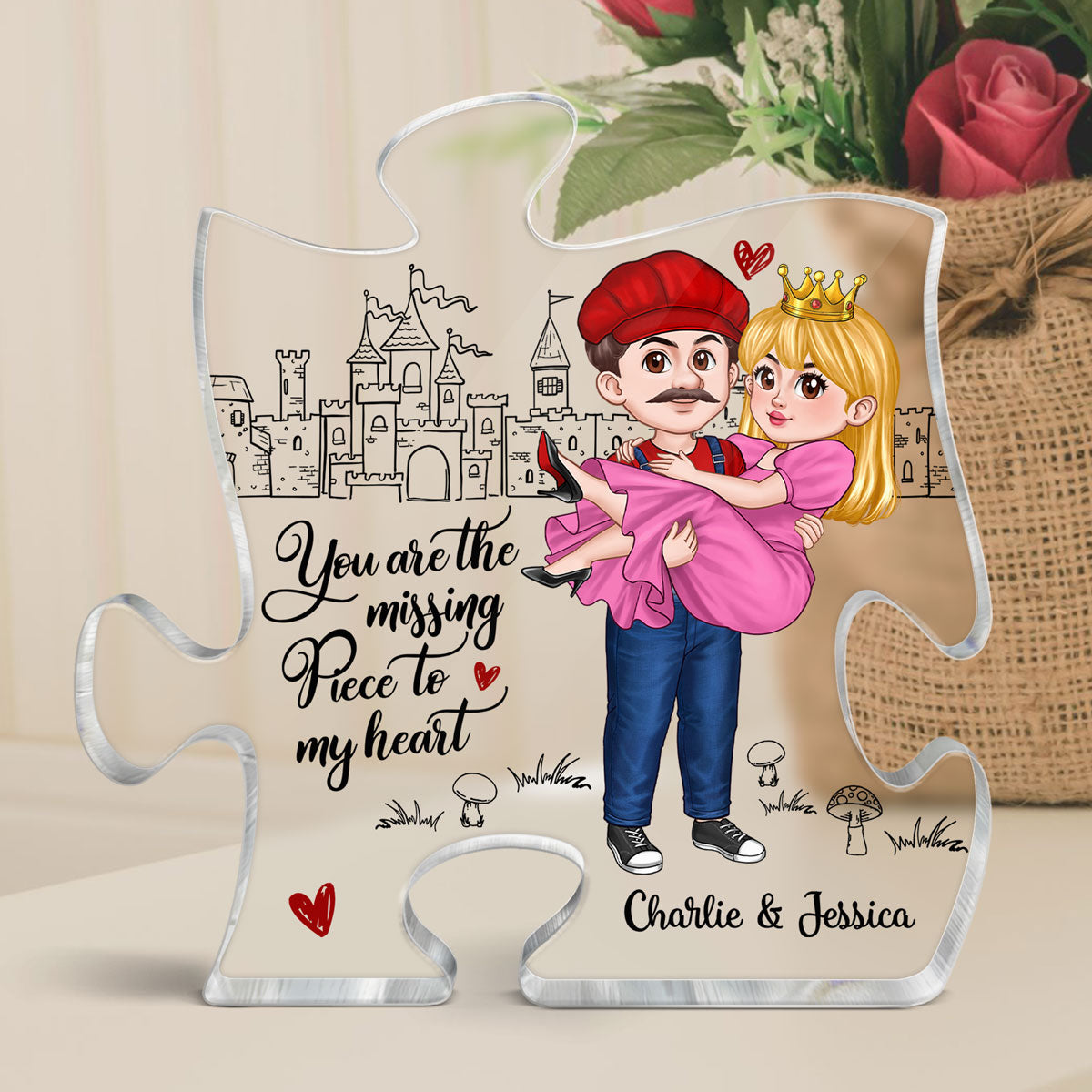 My Missing Piece Man Carrying Woman Cartoon Couple Personalized Puzzle Plaque