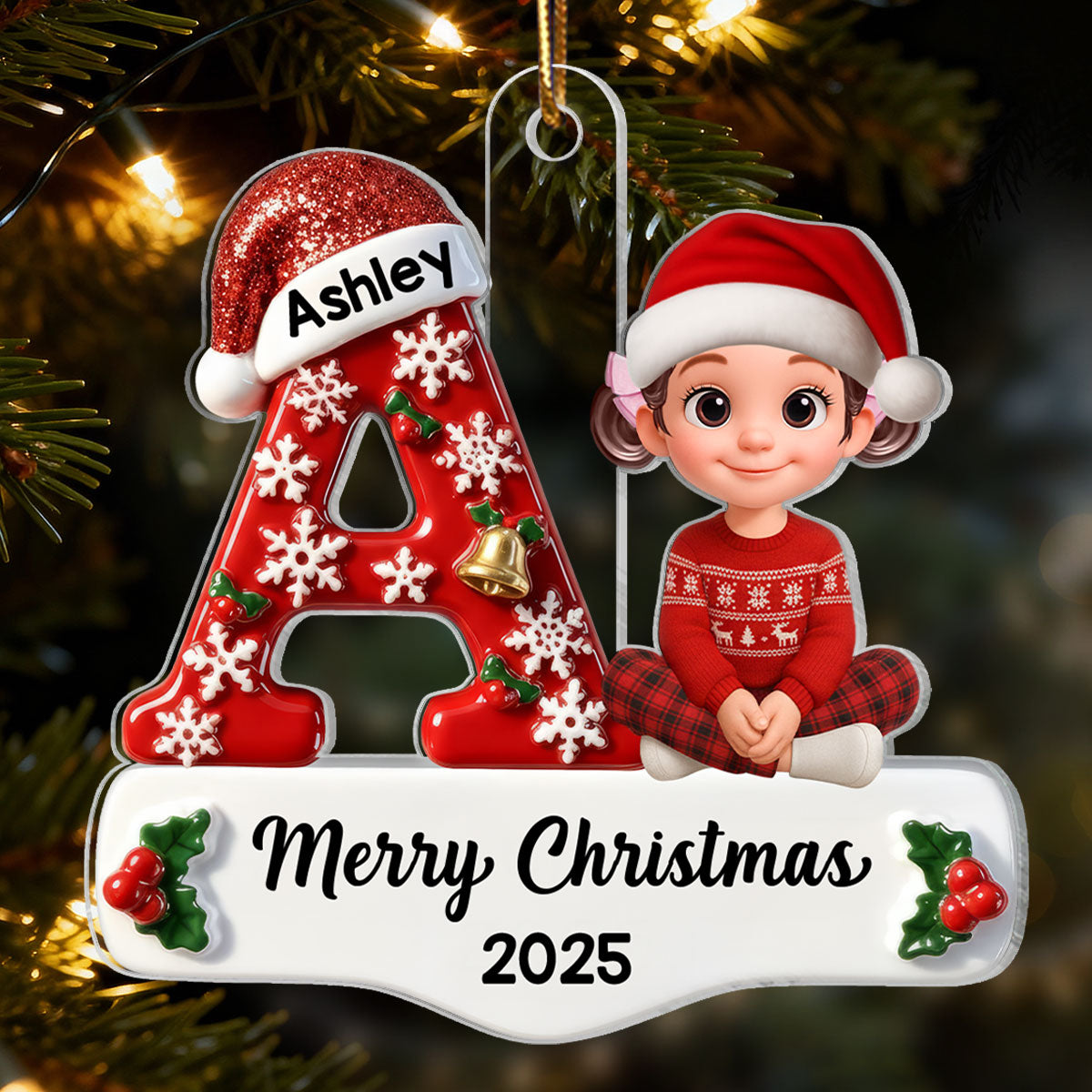 Family Member Christmas Festive Initial Name - Personalized Acrylic Ornament