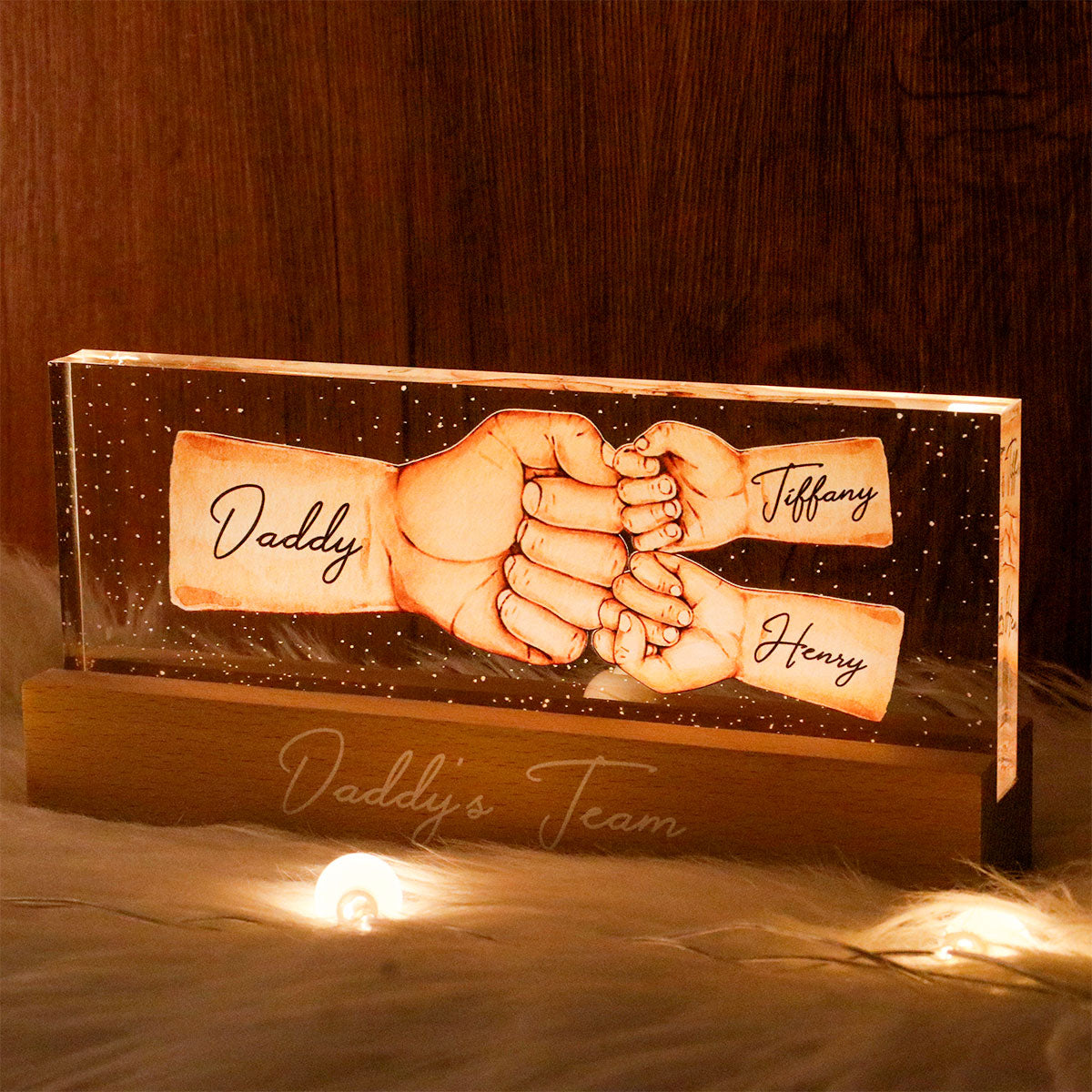 Daddy's Team Fist Bump - Personalized Acrylic Block Plaque LED Night Light - Gift For Dad, Gift For Husband, Gift For Grandpa