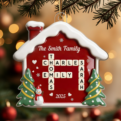 3D Effect Festive Christmas House Family Forever Linked Together Crossword Puzzle Art - Personalized Acrylic Ornament - Gift For Family