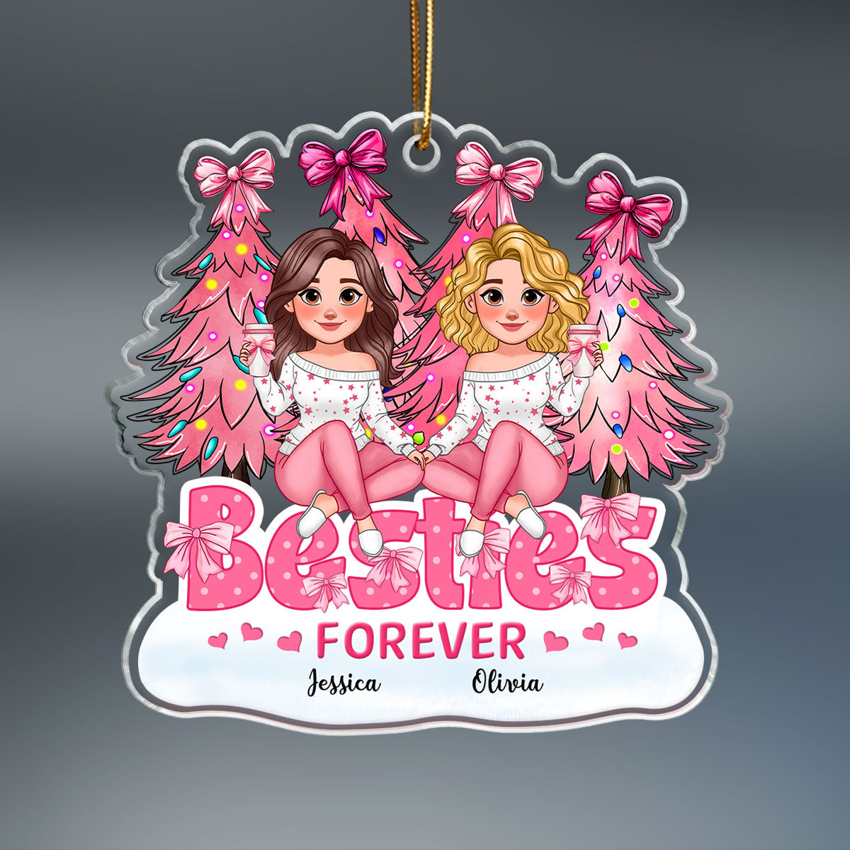 Animated Besties Forever Pink Christmas Tree Personalized Acrylic Ornament
