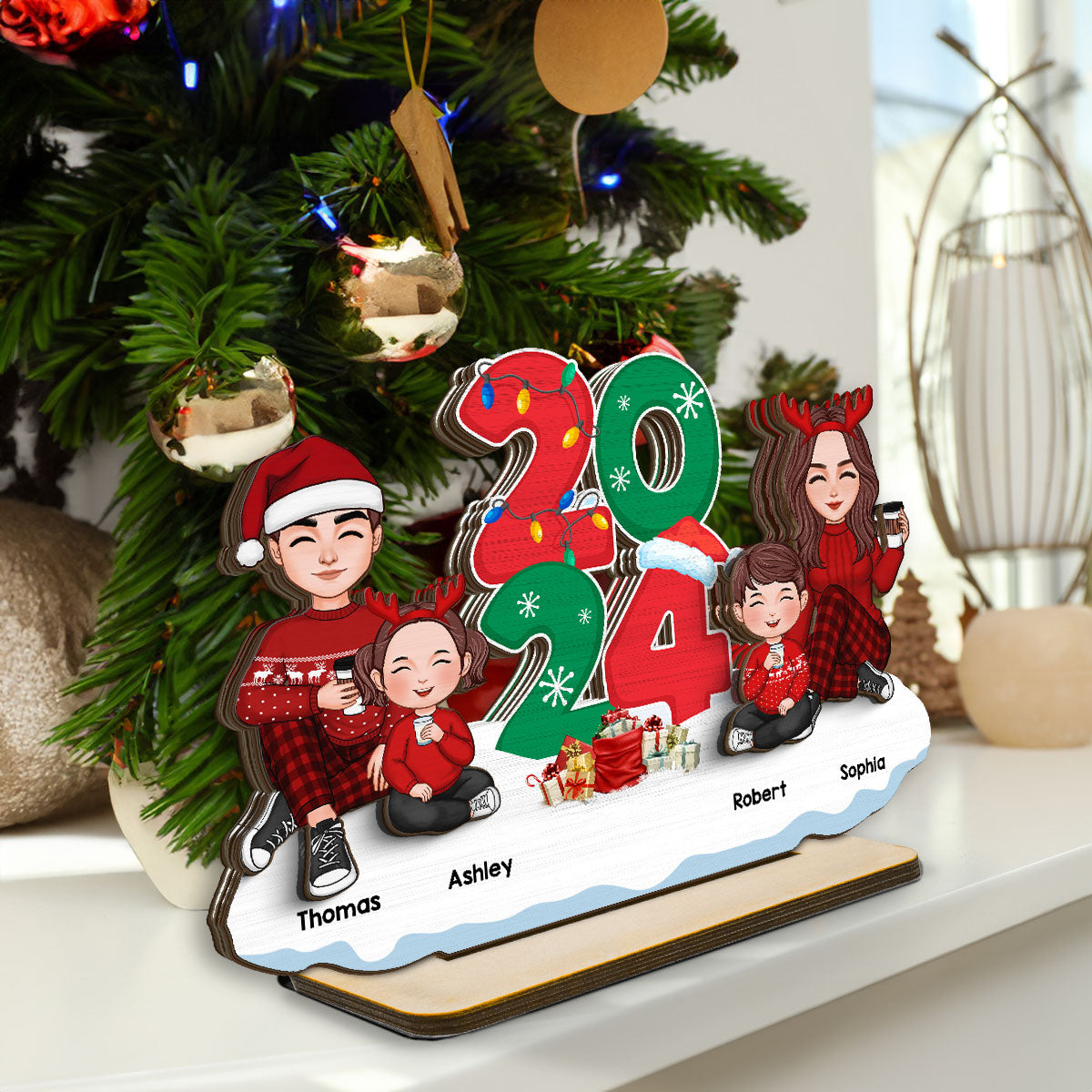 Cute Family Dad Mom Kids Sitting By 2024 Christmas Personalized 2-Layer Standing Wooden Plaque