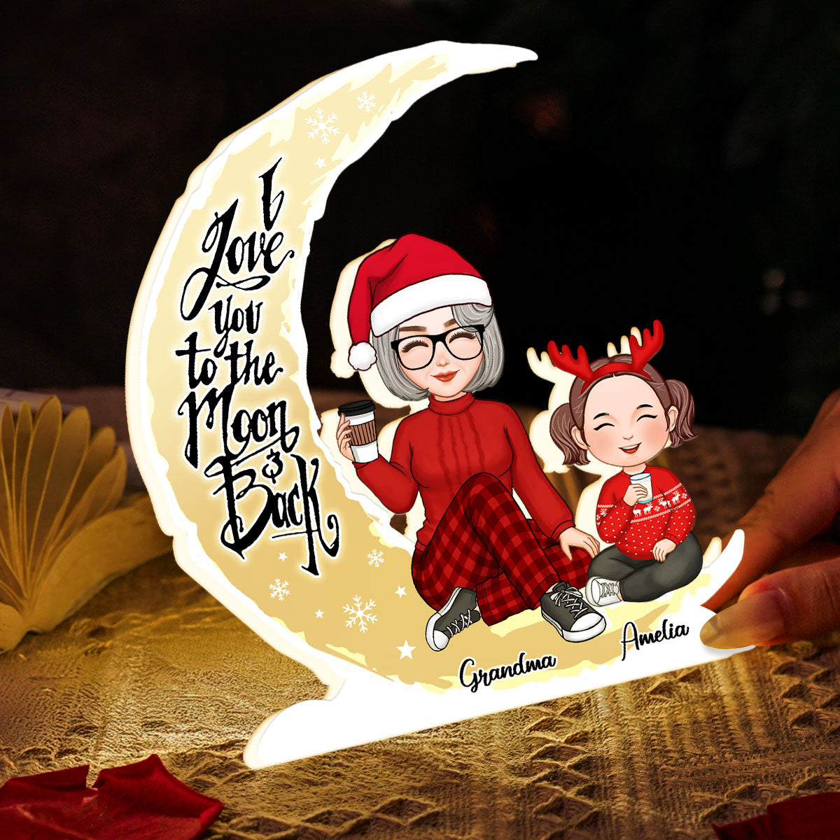 Cute Grandma & Grandkid On Yellow Moon Christmas Gift Personalized Light Box