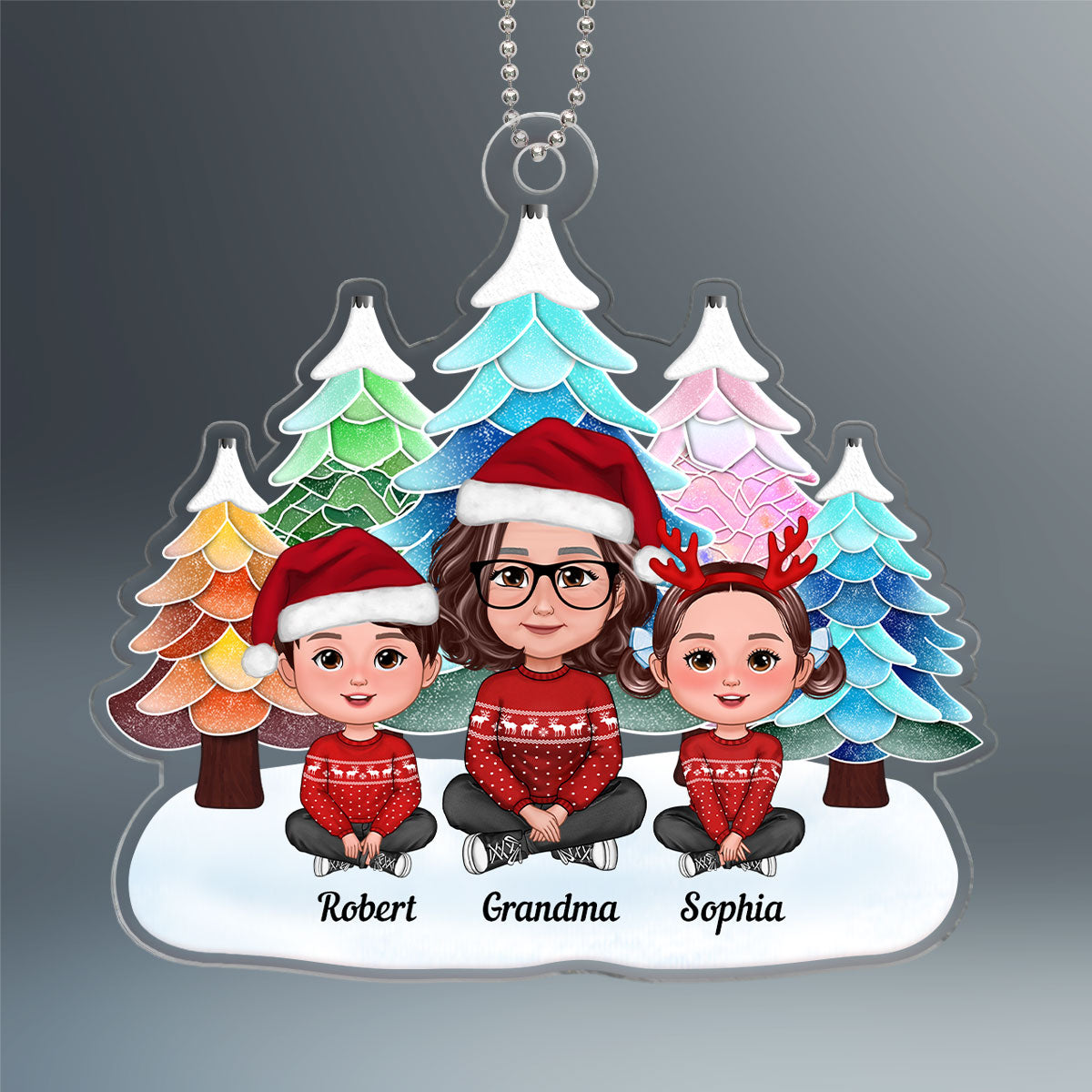 Watercolor Mosaic Christmas Trees Grandma & Grandkids Personalized Acrylic Ornament
