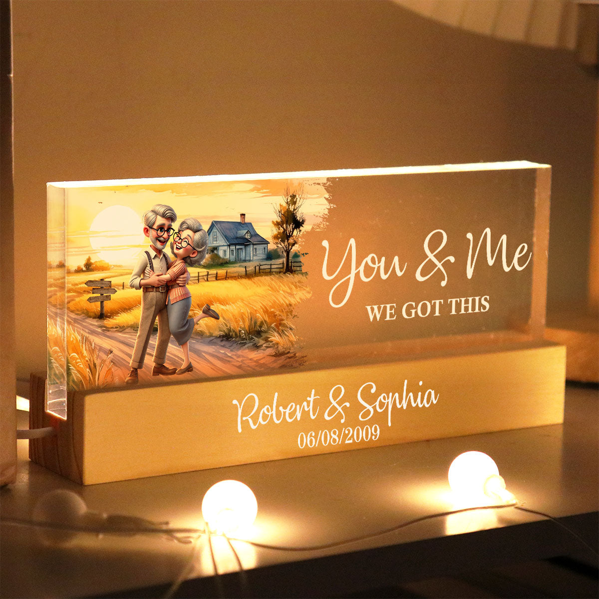 Happy Old Couple Vintage Farmhouse Personalized Acrylic Block LED Night Light, Anniversary  For Him, For Her, Husband, Wife