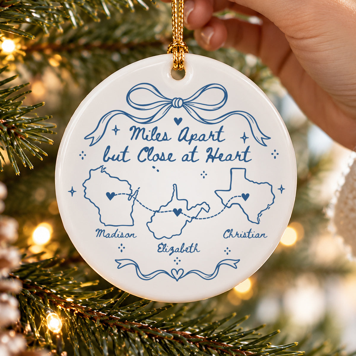 Miles Apart But Close At Heart Hand-Drawn State Map – Personalized Ceramic Ornament – Long Distance Christmas Gift For Family, Couple & Friends
