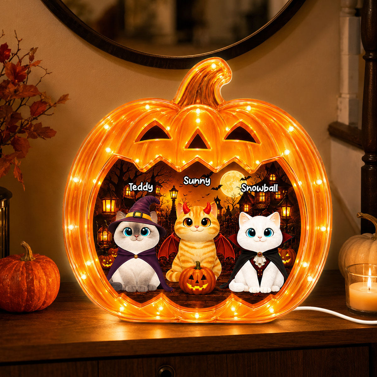 Spooky Halloween Pumpkin Cats - Personalized Light Box - Halloween Decor For Cat Lovers