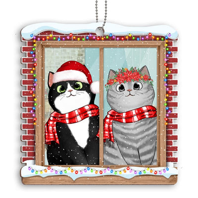 Cute Fluffy Cat Peeking By Window Personalized Wooden Ornament