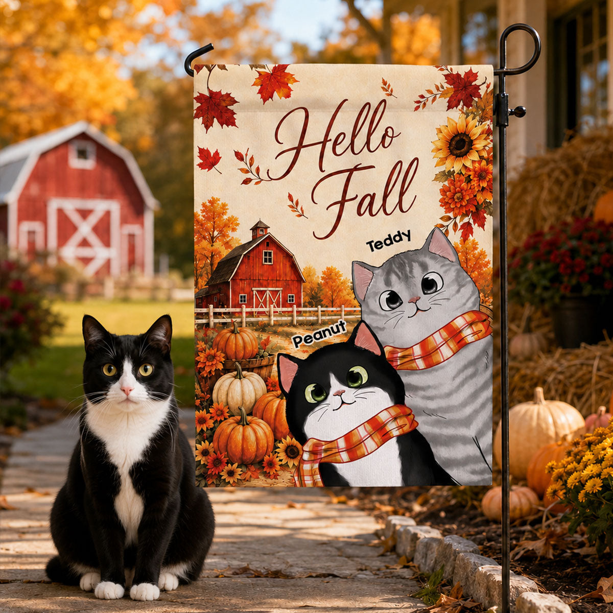 Trending Hello Fall Cute Cat - Personalized Garden Flag - Fall Season Gift For Cat Lovers